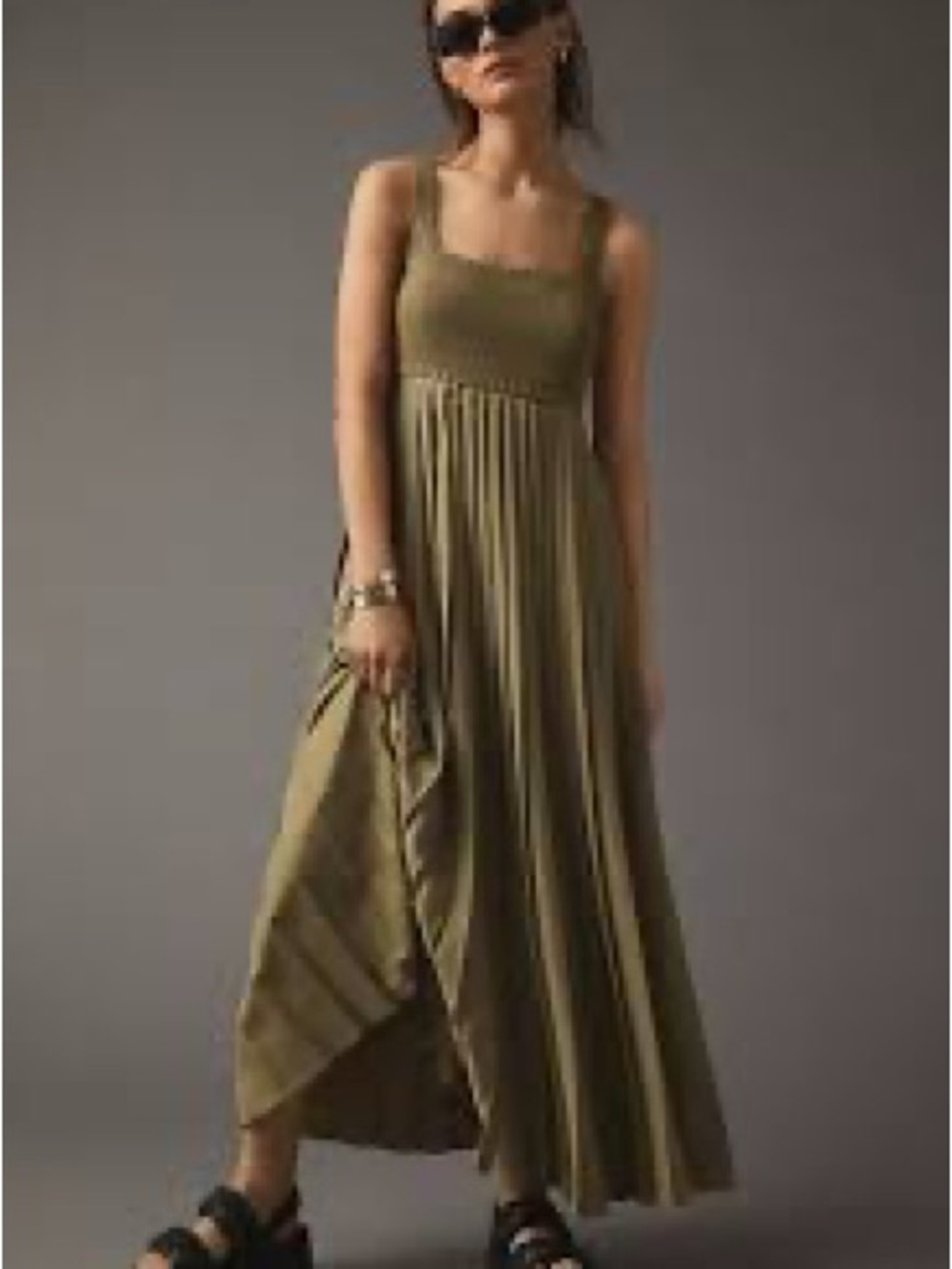 Anthropologie Olive Green Sleeveless Maxi with Smocked Bodice